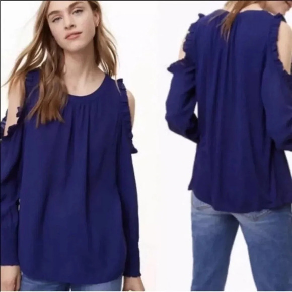 Ann Taylor LOFT Cobalt Blue Ruffle Cold Open Shoulder Long Sleeve Blouse Size M - Picture 2 of 6